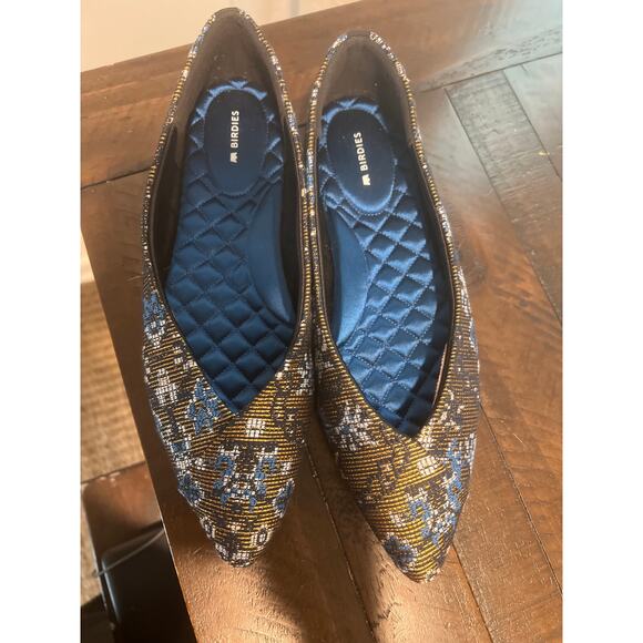 Never worn Birdies size 10 The Goldfinch blue & gold floral needlepoint flats - Picture 2 of 3